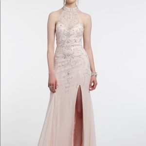 Pink Beaded Halter Neck Prom Dress